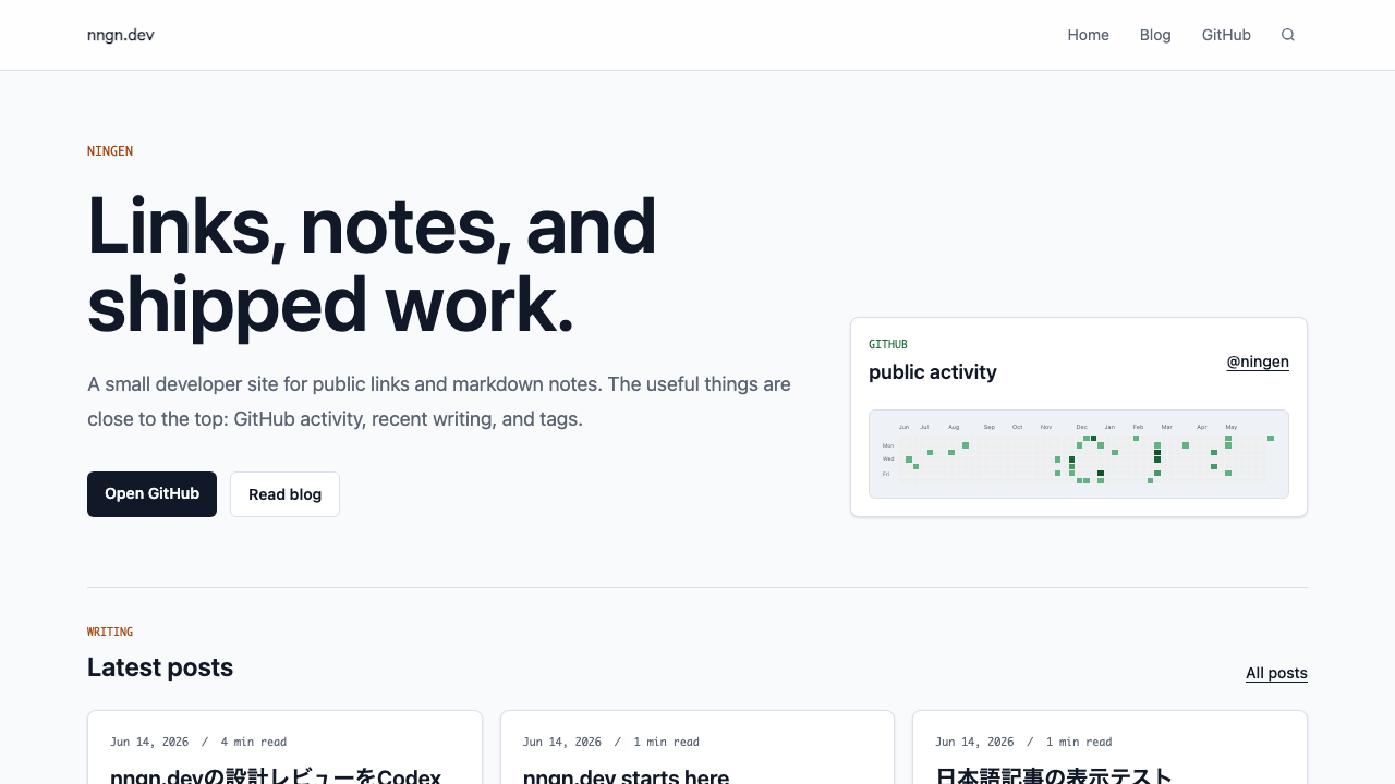 nngn.devのホーム画面。ヒーロー、GitHub activity、最新記事カードが並んでいる。